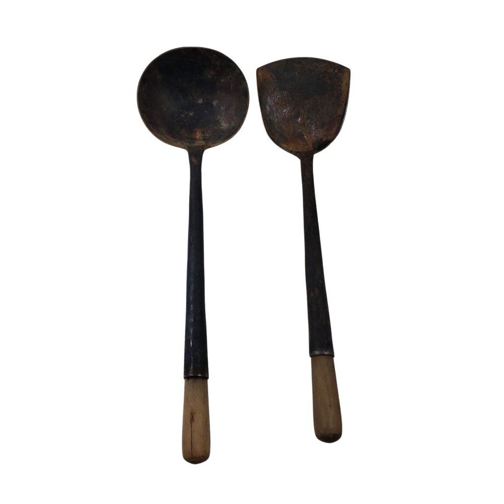 Primitive Hand Forged Ladle and Spatula Rustic Cooking Set Metal Wooden Handles